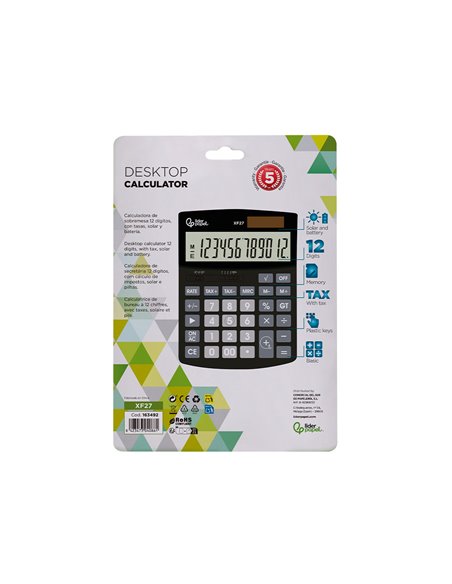 CALCULATRICE DE BUREAU LIDERPAPEL XF27 12 CHIFFRES TAXES SOLAIRE ET PILES  COLORIS NOIR 155X115X25 MM