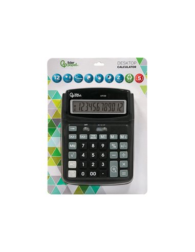 CALCULATRICE DE BUREAU LIDERPAPEL XF39 12 CHIFFRES SOLAIRE ET PILES 190X140X32MM COLORIS NOIR