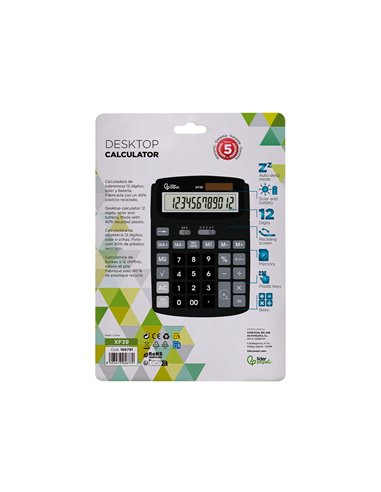 CALCULATRICE DE BUREAU LIDERPAPEL XF39 12 CHIFFRES SOLAIRE ET PILES 190X140X32MM COLORIS NOIR