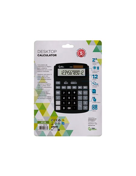 CALCULATRICE DE BUREAU LIDERPAPEL XF39 12 CHIFFRES SOLAIRE ET PILES 190X140X32MM COLORIS NOIR