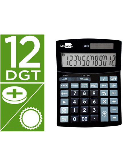 CALCULATRICE DE BUREAU LIDERPAPEL XF29 12 CHIFFRES TAXES SOLAIRE ET PILES  COLORIS NOIR 190X140X30 MM