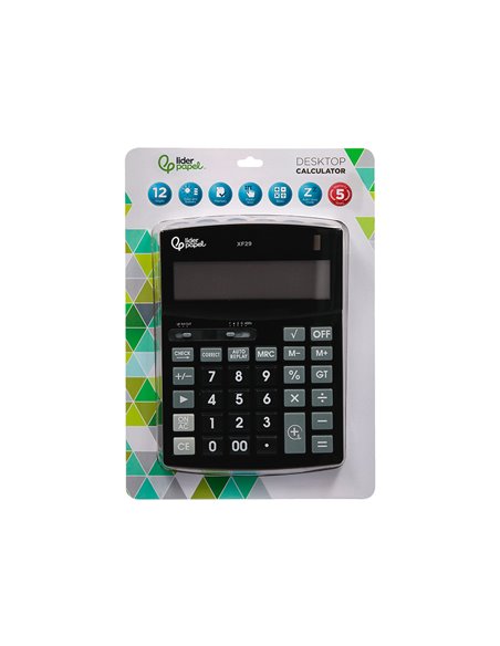 CALCULATRICE DE BUREAU LIDERPAPEL XF29 12 CHIFFRES TAXES SOLAIRE ET PILES  COLORIS NOIR 190X140X30 MM