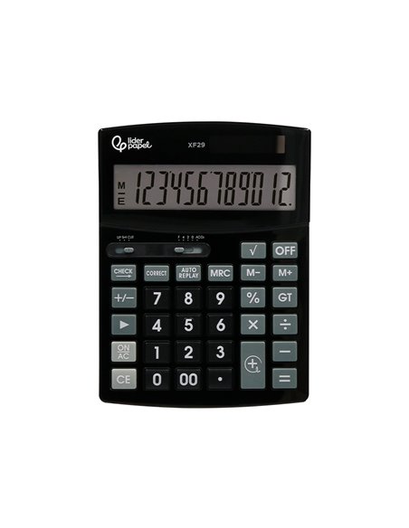 CALCULATRICE DE BUREAU LIDERPAPEL XF29 12 CHIFFRES TAXES SOLAIRE ET PILES  COLORIS NOIR 190X140X30 MM