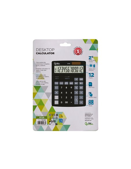 CALCULATRICE DE BUREAU LIDERPAPEL XF29 12 CHIFFRES TAXES SOLAIRE ET PILES  COLORIS NOIR 190X140X30 MM