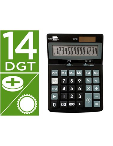 CALCULATRICE DE BUREAU LIDERPAPEL XF31 14 CHIFFRES SOLAIRE ET PILES COLORIS NOIR 170X122X35 MM