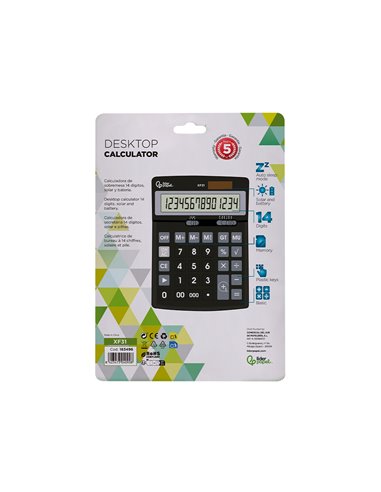CALCULATRICE DE BUREAU LIDERPAPEL XF31 14 CHIFFRES SOLAIRE ET PILES COLORIS NOIR 170X122X35 MM