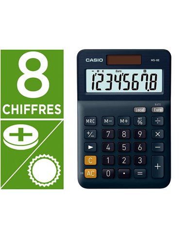 CALCULATRICE CASIO BUREAU MS8E GRAN ECRAN 8 CHIFFRES  EURO CONVERTISSEUR MEMOIRE  SOLAIRE/PILE COULEUR BLEU