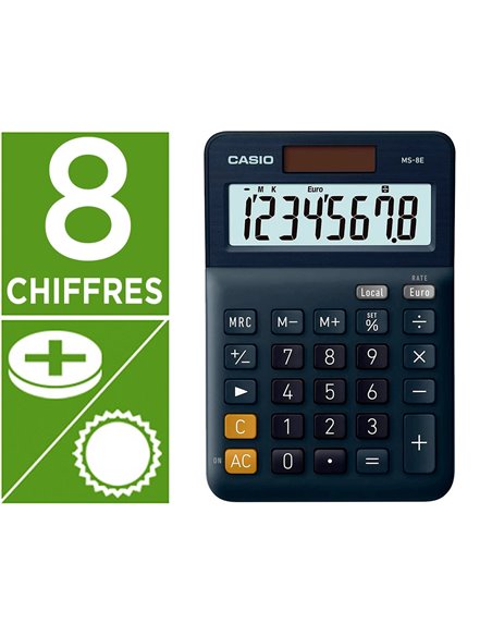 CALCULATRICE CASIO BUREAU MS8E GRAN ECRAN 8 CHIFFRES  EURO CONVERTISSEUR MEMOIRE  SOLAIRE/PILE COULEUR BLEU