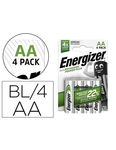 PILE ENERGIZER RECHARGEABLE POWER PLUS I.C.E. HR6 TAILLE AA 2000MAH BLISTER 4 UNITÉS