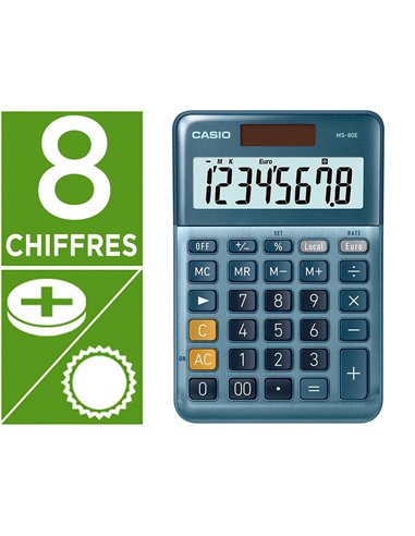 CALCULATRICE CASIO BUREAU MS80E GRAN ECRAN 8 CHIFFRES EURO CONVERTISSEUR MEMOIRE  SOLAIRE/PILE COULEUR BLEU