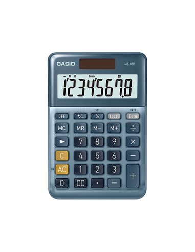 CALCULATRICE CASIO BUREAU MS80E GRAN ECRAN 8 CHIFFRES EURO CONVERTISSEUR MEMOIRE  SOLAIRE/PILE COULEUR BLEU