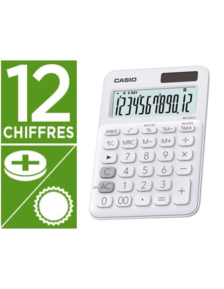 CALCULATRICE CASIO BUREAU MS-20UC GRAND ÉCRAN 12 CHIFFRES CLACUL TAXES CORRECTION RAPIDE MÉMOIRE INDÉPENDANTE BLANC