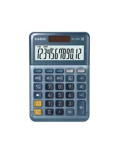 CALCULATRICE CASIO BUREAU MS120EM GRAN ECRAN 12 CHIFFRES EURO CONVERTISSEUR MEMOIRE SOLAIRE/PILE COULEUR