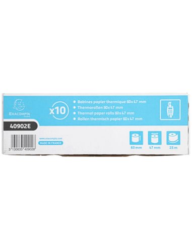 BOBINE THERMIQUE EXACOMPTA TICKETS CARTE BANCAIRE 1 PLI SANS BPA 60X47MM MANDRIN 12MM MÉTRAGE 25M BOÎTE 10 ROULEAUX