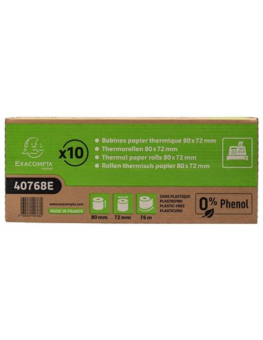 BOBINE THERMIQUE EXACOMPTA TICKETS CAISSE 1 PLI 80X72MM  76M 48GR SANS PHENOL PLASTIQUEBOITE DE 10