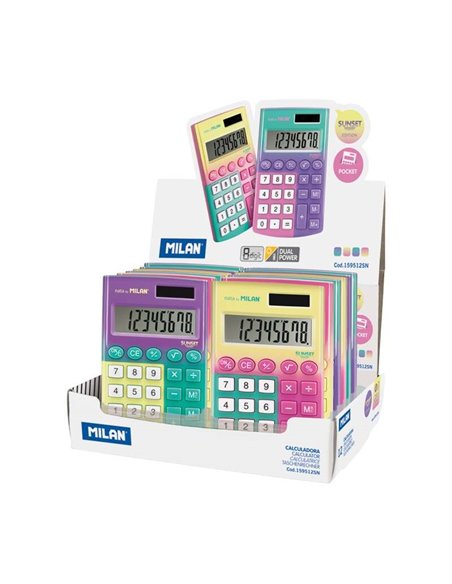 Vitrine Milan Pocket Sunset avec 12 calculatrices de poche - 8 chiffres - Toucher doux - Couleurs assorties