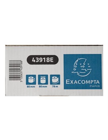 BOBINE THERMIQUE EXACOMPTA EXABLUE 80X80MM LONG. 76M 52G/M2 IMPRESSION VERSO TRES LONGUE CONSERVATION PAQUET 10 UNITES