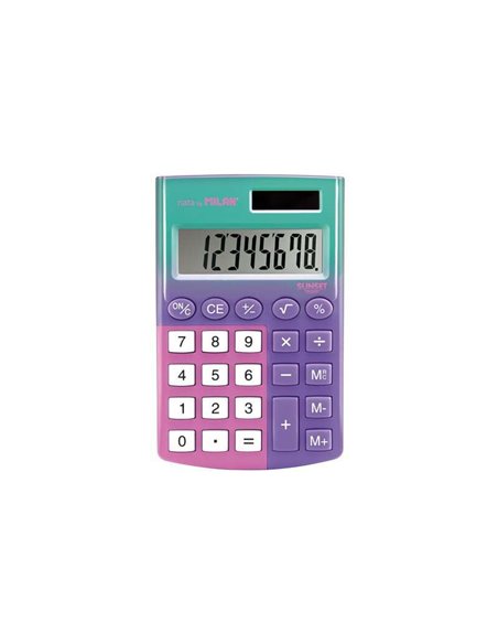Calculatrice de poche Milan Pocket Sunset avec écran à 8 chiffres, 3 touches de mémoire et racine carrée, touches tactiles