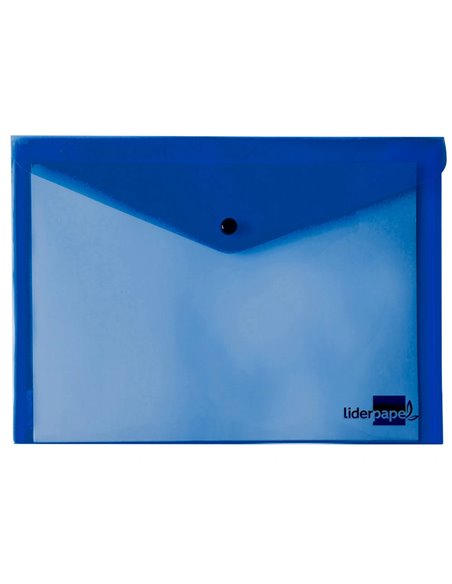 POCHETTE ENVELOPPE LIDERPAPEL POLYPROPYLÈNE 180 MICRONS A5 210X148MM 50F FERMETURE BOUTON RÉSISTANT TRANSPARENT BLEU