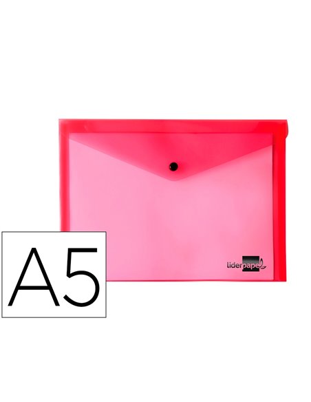 POCHETTE ENVELOPPE LIDERPAPEL POLYPROPYLÈNE 180 MICRONS A5 210X148MM 50F FERMETURE BOUTON RÉSISTANT TRANSPARENT ROUGE