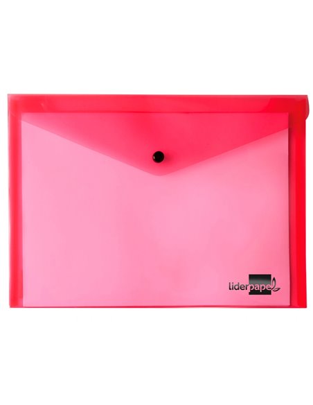 POCHETTE ENVELOPPE LIDERPAPEL POLYPROPYLÈNE 180 MICRONS A5 210X148MM 50F FERMETURE BOUTON RÉSISTANT TRANSPARENT ROUGE
