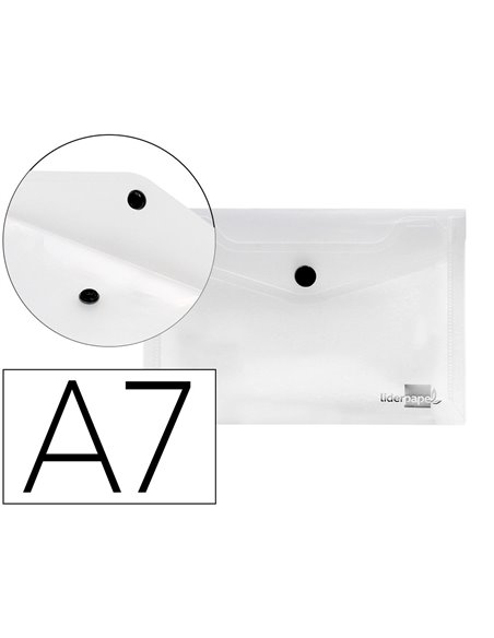 POCHETTE ENVELOPPE LIDERPAPEL POLYPROPYLÈNE 180 MICRONS A7 105X74MM 50F FERMETURE BOUTON RÉSISTANT TRANSPARENT