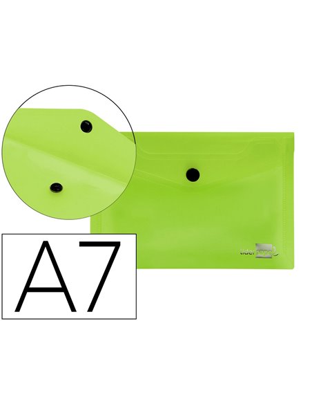 POCHETTE ENVELOPPE LIDERPAPEL POLYPROPYLÈNE 180 MICRONS A7 105X74MM 50F FERMETURE BOUTON RÉSISTANT TRANSPARENT VERT