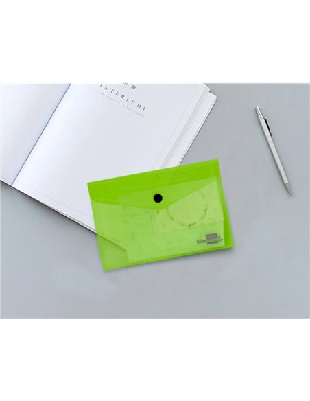 POCHETTE ENVELOPPE LIDERPAPEL POLYPROPYLÈNE 180 MICRONS A7 105X74MM 50F FERMETURE BOUTON RÉSISTANT TRANSPARENT VERT