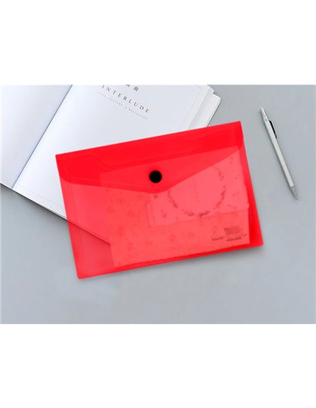 POCHETTE ENVELOPPE LIDERPAPEL POLYPROPYLÈNE 180 MICRONS A6 148X105MM 50F FERMETURE BOUTON TRANSPARENT ROUGE