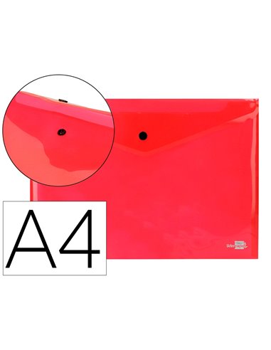 POCHETTE ENVELOPPE LIDERPAPEL POLYPROPYLÈNE 180 MICRONS A4 297X210MM 50F FERMETURE BOUTON RÉSISTANT TRANSPARENT ROUGE