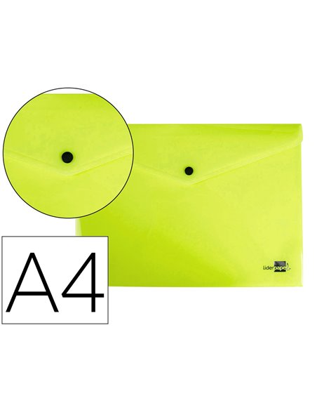 POCHETTE ENVELOPPE LIDERPAPEL POLYPROPYLENE 180 MICRONS A4  97X210MM 50F FERMETURE BOUTON JAUNE FLUO OPAQUE