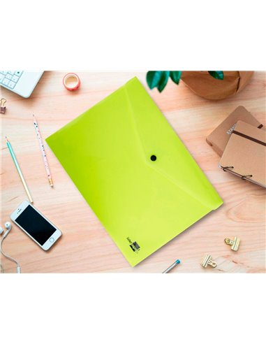 POCHETTE ENVELOPPE LIDERPAPEL POLYPROPYLENE 180 MICRONS A4  97X210MM 50F FERMETURE BOUTON JAUNE FLUO OPAQUE