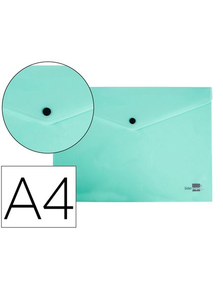 POCHETTE ENVELOPPE LIDERPAPEL POLYPROPYLENE 180 MICRONS A4  97X210MM 50F FERMETURE BOUTON VERT POMME OPAQUE