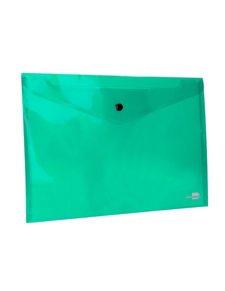 POCHETTE ENVELOPPE LIDERPAPEL POLYPROPYLÈNE 180 MICRONS A4 297X210MM 50F FERMETURE BOUTON RÉSISTANT TRANSPARENT VERT