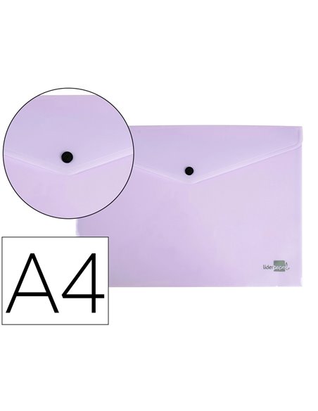 POCHETTE ENVELOPPE LIDERPAPEL POLYPROPYLENE 180 MICRONS A4  97X210MM 50F FERMETURE BOUTON LAVANDE OPAQUE