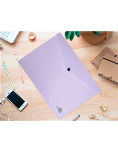 POCHETTE ENVELOPPE LIDERPAPEL POLYPROPYLENE 180 MICRONS A4  97X210MM 50F FERMETURE BOUTON LAVANDE OPAQUE
