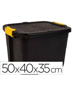 BOITE RANGEMENT STRATA HEAVY DUTY 42L POLYPROPYLENE TRES ROBUSTE 2 POIGNÉES CLIPS JAUNES 50X40X35CM COLORIS NOIR
