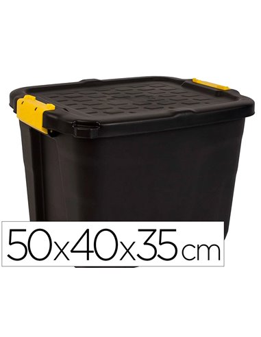 BOITE RANGEMENT STRATA HEAVY DUTY 42L POLYPROPYLENE TRES ROBUSTE 2 POIGNÉES CLIPS JAUNES 50X40X35CM COLORIS NOIR