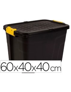 BOITE RANGEMENT STRATA HEAVY DUTY 60L POLYPROPYLENE TRES ROBUSTE 2 POIGNÉES CLIPS JAUNES 60X40X40CM COLORIS NOIR