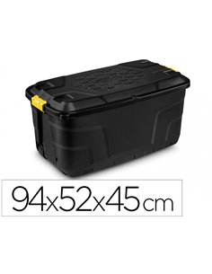 BOITE RANGEMENT STRATA HEAVY DUTY 145L POLYPROPYLENE TRES ROBUSTE 2 POIGNÉES CLIPS JAUNES 94X52X45CM COLORIS NOIR