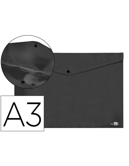 POCHETTE ENVELOPPE LIDERPAPEL POLYPROPYLENE 180 MICRONS A3  420X297MM 50F FERMETURE BOUTON RESISTANT NOIR OPAQUE