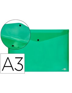 POCHETTE ENVELOPPE LIDERPAPEL POLYPROPYLÈNE 180 MICRONS A3 420X297MM 50F FERMETURE BOUTON RÉSISTANT TRANSPARENT VERT