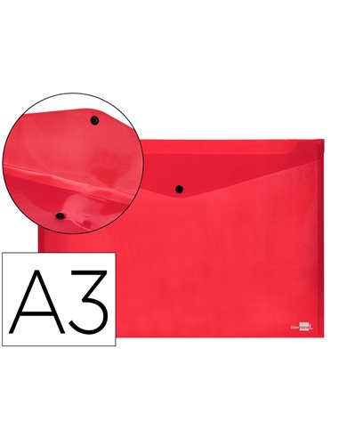 POCHETTE ENVELOPPE LIDERPAPEL POLYPROPYLENE 180 MICRONS A3  420X297MM 50F FERMETURE BOUTON RESISTANT ROUGE