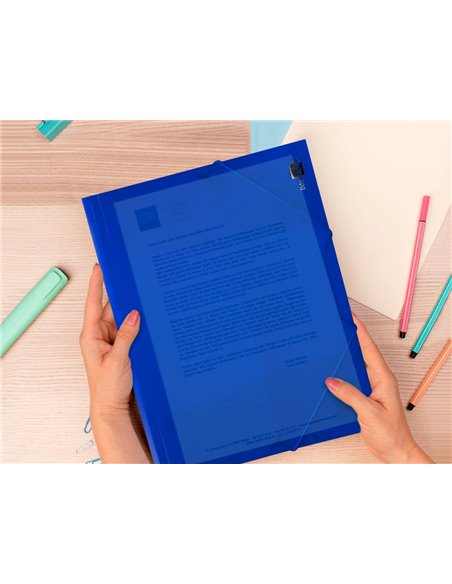 CHEMISE LIDERPAPEL POLYPROPYLÈNE DOS FLEXIBLE A4 210X297MM 4/10E 3 RABATS ÉLASTIQUE 100F COLORIS BLEU TRANSLUCIDE