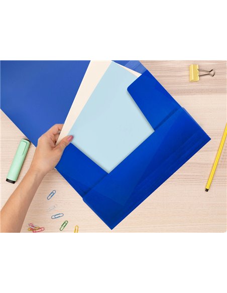 CHEMISE LIDERPAPEL POLYPROPYLÈNE DOS FLEXIBLE A4 210X297MM 4/10E 3 RABATS ÉLASTIQUE 100F COLORIS BLEU TRANSLUCIDE