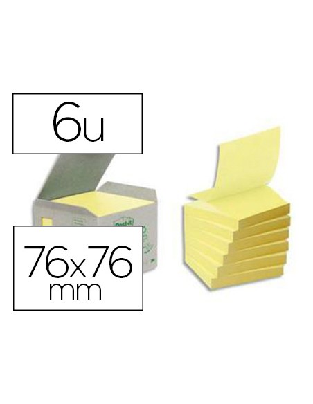 Bloc-notes post-it z-notes papier recyclé 76x76mm 100f/bloc repositionnables coloris jaune boîte 6 blocs