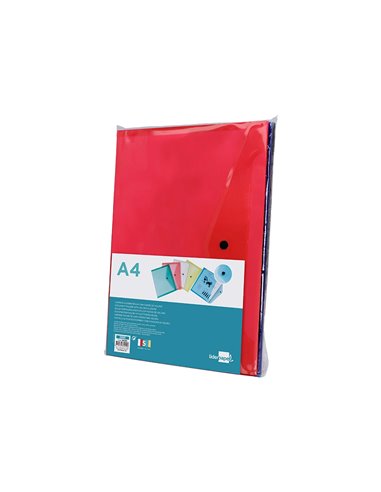 POCHETTE ENVELOPPE LIDERPAPEL POLYPROPYLÈNE 180 MICRONS A4 297X210MM 50F FERMETURE BOUTON COLORIS ASSORTIS PACK 5 UNITÉS