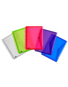 POCHETTE ENVELOPPE LIDERPAPEL POLYPROPYLÈNE 180 MICRONS A4 210X297MM 50F RÉSISTANT PERFORÉE COLORIS ASSORTIS PACK 5U 2
