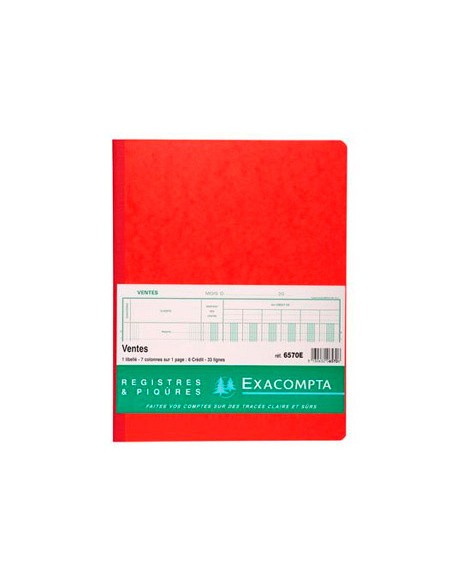 Registre comptable piqué exacompta ventes 320x250mm vertical 33 lignes 80 pages 1 libellé 7 colonnes/page