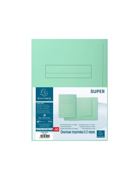 CHEMISE EXACOMPTA SUPER CARTE SEMI RIGIDE 240X320MM 210G IMPRIMÉE 2 RABATS COLORIS VERT CLAIR LOT 50 UNITÉS